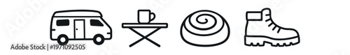 Camper van, folding table with cup, cinnamon roll and hiking boot icon set. travel, camping, outdoor food, trekking, adventure. line and flat vector illustration.