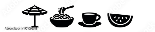 Beach umbrella, noodle bowl, coffee cup and watermelon icon set. summer food, drink, picnic, breakfast, snack. line, flat and colored vector icon set.