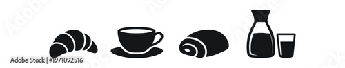 Breakfast food icon set. croissant, coffee cup, roll, milk bottle, glass. flat vector illustration.