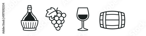 Wine and vineyard line icons. carafe, grape cluster, wine glass, barrel. line vector illustration.