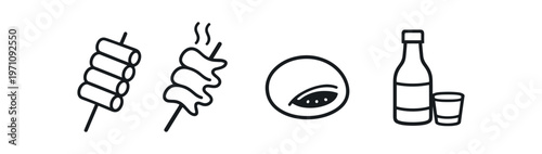 Korean street food icon set. skewers, fish cake, rice cake, bottle and cup, snack, night market. line and flat vector illustration.