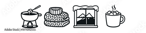 Winter comfort icon set. fondue pot, knit scarf, snowy window, hot mug, cozy hygge items. line and flat vector illustration.