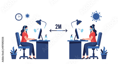 Two office workers seated at separate desks maintaining a safe social distance of two meters with face masks and hand sanitizer.