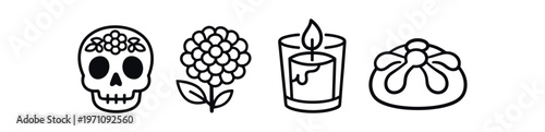 Day of the dead celebration icon set. sugar skull, marigold flower, candle, sweet bread. line and flat vector icon set.