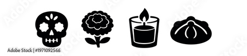 Day of the dead solid icons. decorative skull, marigold bloom, votive candle, sweet bread. flat vector illustration.