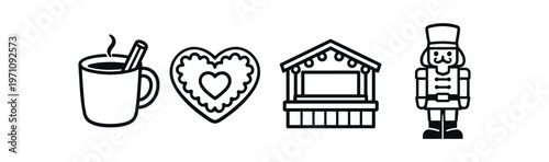 Christmas market icon set. hot spiced drink, heart cookie, market stall, nutcracker soldier. line, flat and colored vector icon set.