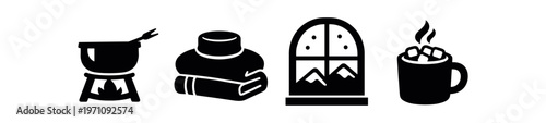 Cozy lodge and relaxation icon set. fondue pot, spa towels and stones, window view, hot chocolate mug. line, flat and colored vector icon set.