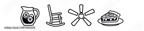 Home comfort icon set. lemonade pitcher, rocking chair, ceiling fan, slice of pie, cozy, leisure. line, flat and colored vector icon set.