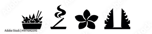 Balinese spa symbols icon set. offering bowl, incense, frangipani blossom, split temple gate, ritual, wellness. flat vector illustration.