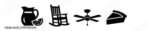 Home and leisure icon set. pitcher, lemonade, rocking chair, ceiling fan, pie, dessert, domestic objects. line, flat and colored vector icon set.