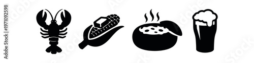Seafood and drinks icon set. lobster, corn on the cob, soup bowl, beer glass, food, beverage, dinner. line, flat and colored vector icon set.