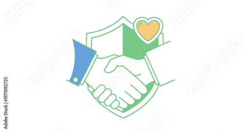 Handshake with shield and heart symbol.