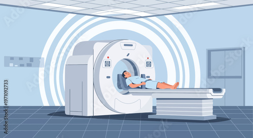 Patient undergoing CT scan in modern medical imaging room, diagnostic technology