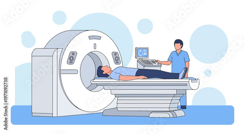 Patient undergoing CT scan in modern medical imaging room with technician