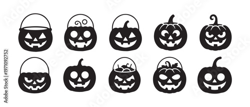 Collection of Spooky Halloween Jack-o'-Lantern Pumpkin and Trick-or-Treat Bucket Icons as Black Silhouettes.