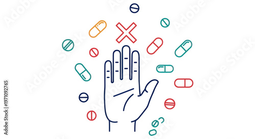 Hand rejecting colorful medicine pills.