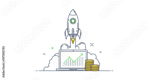 Rocket Ship Launching from Laptop Computer.