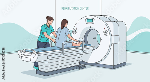 Patient undergoing CT scan in rehabilitation center with medical professional assistance