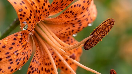 Macro tiger lily flower close up with pollen stamen detail dew drops botanical nature photography
