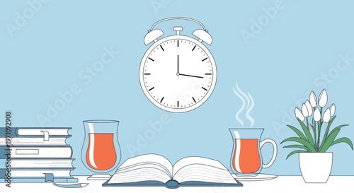 Morning coffee and books on table.