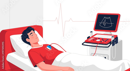 Patient undergoing medical examination with ECG monitor and ultrasound machine in hospital room