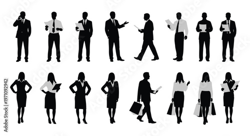 Business professionals in various poses and actions in a vector graphic illustration