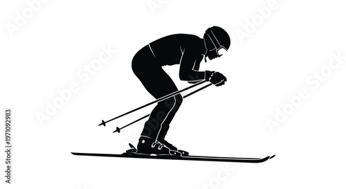 Professional skier in motion with skis and poles in a racing position