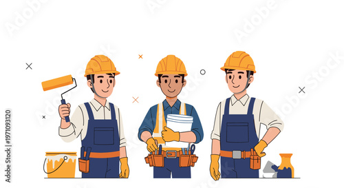 Group of three professional male construction workers in orange safety helmets and blue overalls holding painting and repair tools.