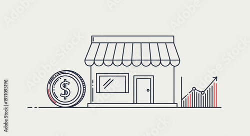 Small business storefront with dollar coin.