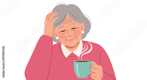 Senior woman with gray hair wearing pink sweater feels relaxed while holding cup of hot coffee or tea on white background.