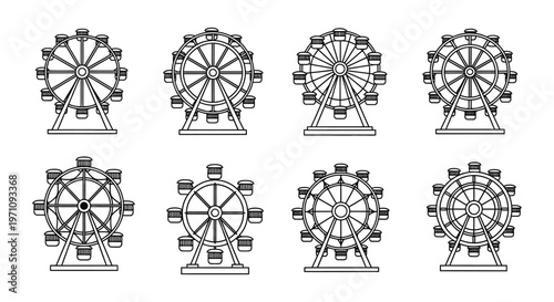 Various vector illustrations of ferris wheels in different angles and designs for graphic projects
