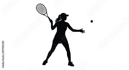 Female tennis player in dynamic serve motion with racket and ball in air