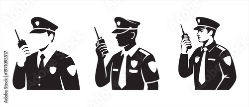 Professional Security Officers in Uniform Holding Walkie-Talkies, Black and White Illustration for Protection and Communication.