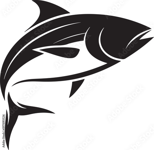 Dynamic tuna fish jumping out of water in stylized line art style for fishing logo design.