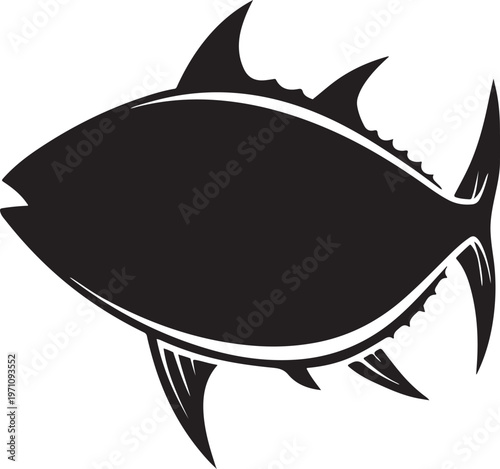Tuna fish silhouette with detailed fins and tail for commercial fishing industry branding.