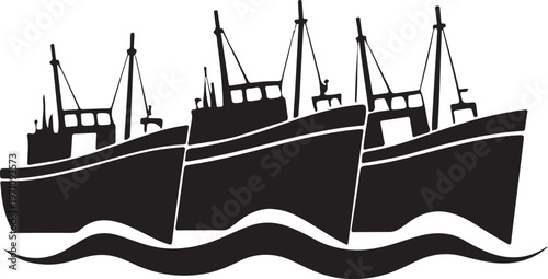 Group of fishing trawler boats sailing on ocean waves for industrial seafood harvesting art.