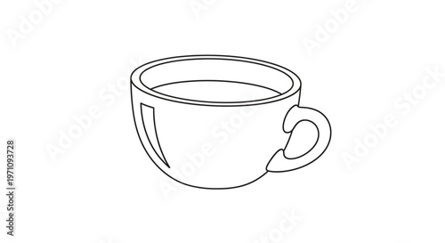 Minimalist Line Art Coffee Cup with Drink, Simple Drawing, Isolated on White Background