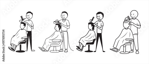 Cartoon of a barber cutting hair with scissors and comb, showing sequence of steps.