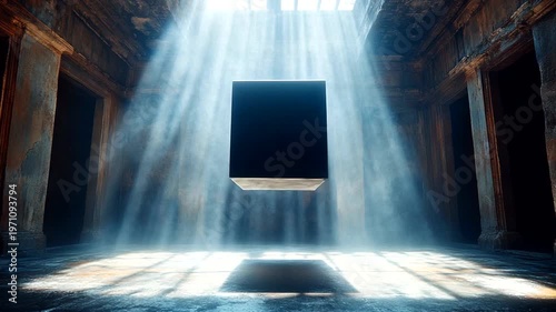 Mysterious black cube levitating in a dimly lit ancient temple