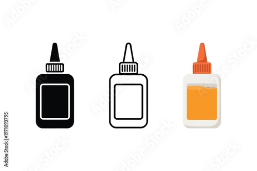 Three colorful glue bottles on a plain white background