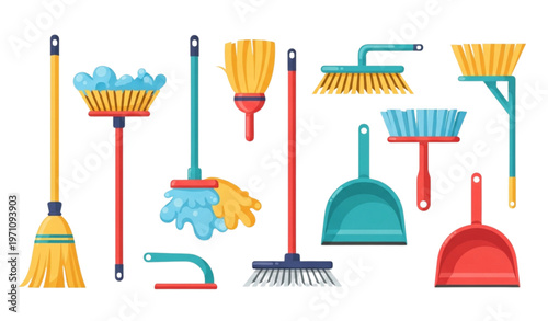 Colorful cartoon house cleaning illustration with broom mop dustpan and hygiene tools