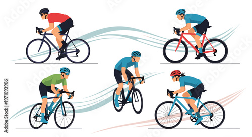 Collection of professional cyclists wearing helmets and colorful jerseys riding bicycles in various positions against abstract wind lines.