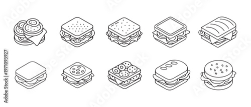 Isometric Line Art Sandwich Collection. Diverse Food Icons.