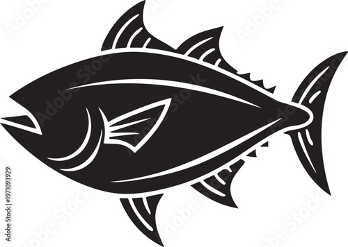 Tuna fish vector illustration, black silhouette of tuna, a species of predatory ray-finned fish.