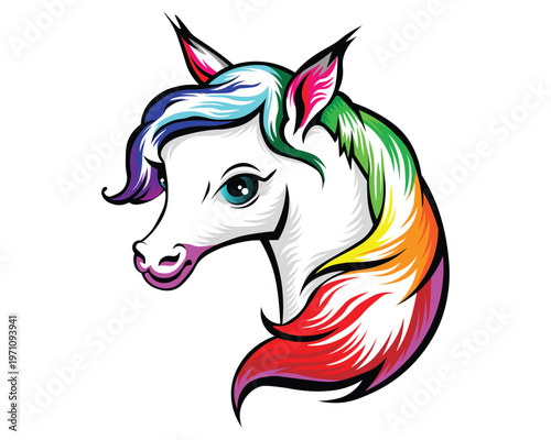 Vibrant illustration of a white pony with a multi-colored rainbow mane and blue eyes.