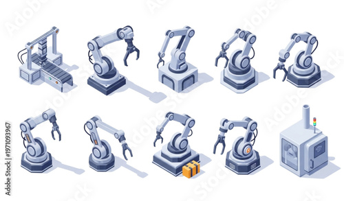 Isometric 3D robotic arm vector set with industrial machines automated assembly line icons