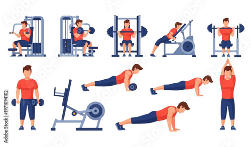 Male gym workout vector set with man exercising lifting weights and training for fitness
