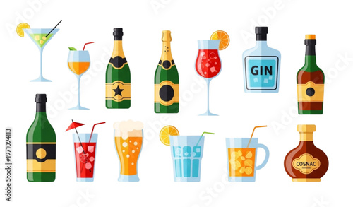Colorful cocktail and alcohol illustration set with bottles and glasses for bar and menu design