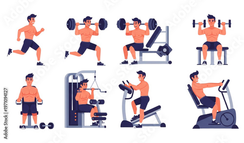 Colorful gym fitness illustration of man doing workout exercises for healthy lifestyle