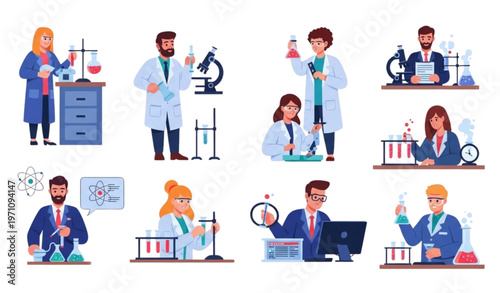 Working scientists vector set with laboratory researchers chemists biologists and engineers illustration